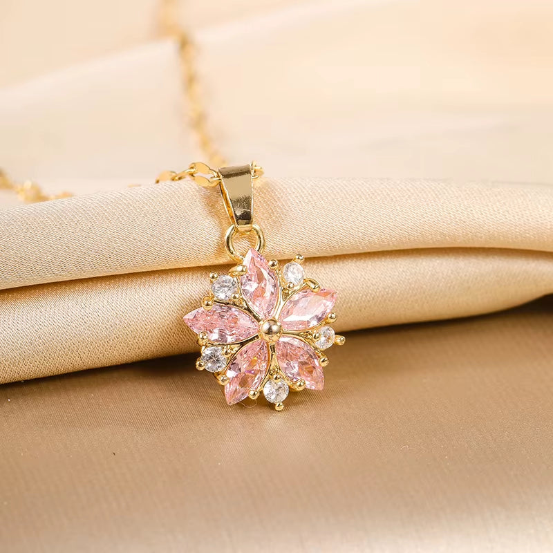New Sweet Zircon Crystal Cherry Blossom Pendant Titanium Steel Collarbone Chain Women'S Stainless Steel Necklace Necklaces